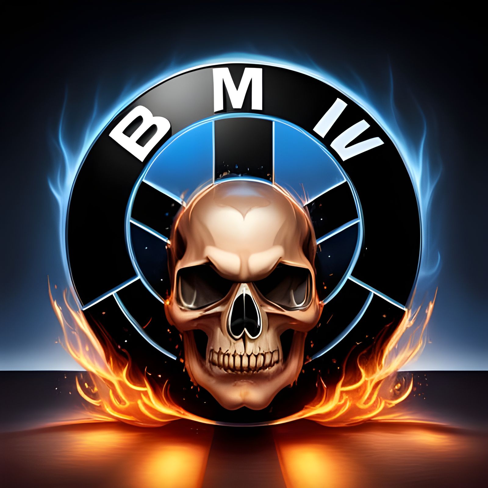 photorealistic flaming bmw logo and skull, perfect compositi...