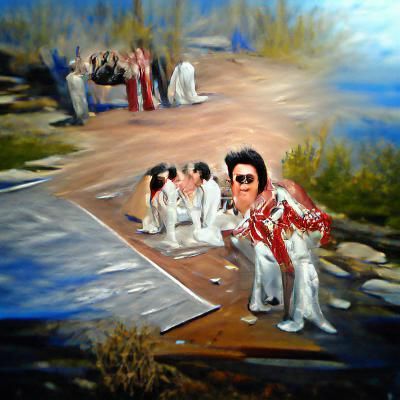 Elvis impersonators reunion realistic painting