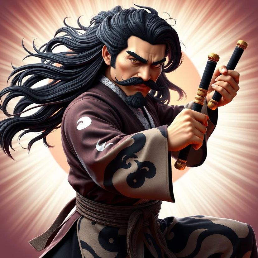 A man with long black hair, a mustache and a beard dressed in a yin