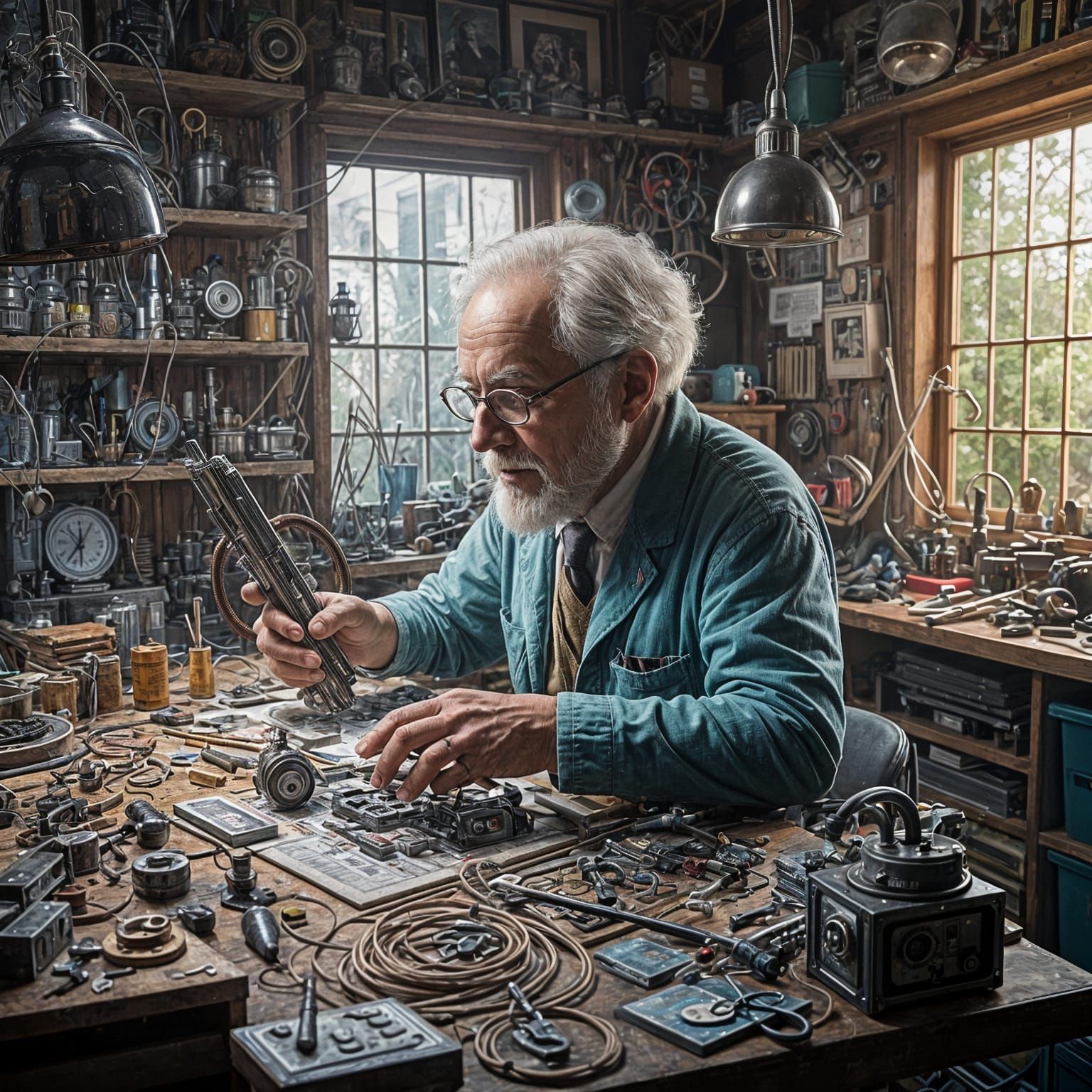 This image shows a brilliant inventor at work, surrounded by the tools and gadgets of his trade. The ...  by @Zacharo