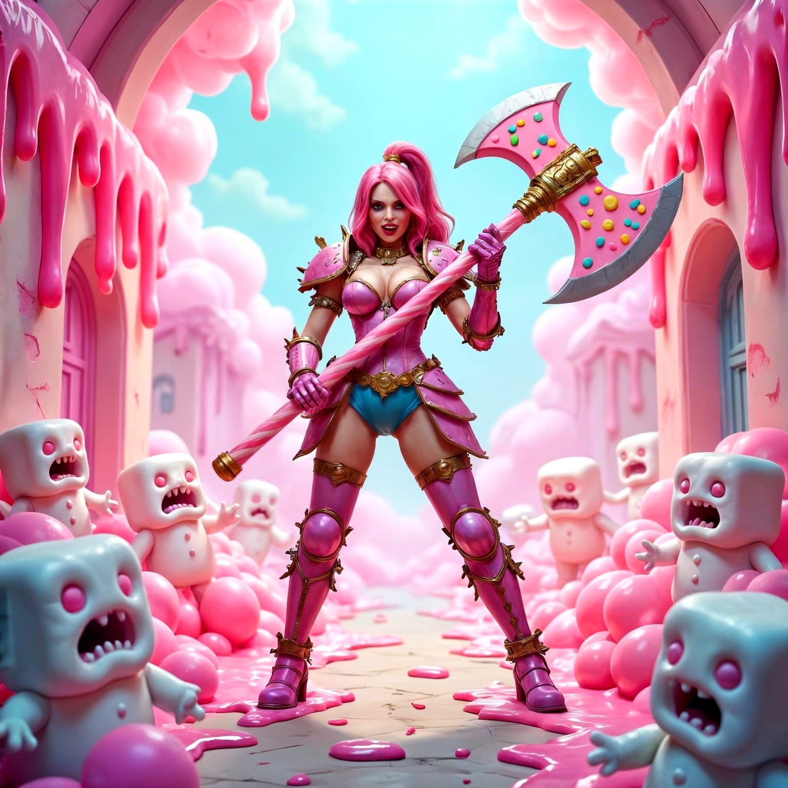 female supervillain in candy-themed armor with a giant lollipop axe, pastel-colored evil lair with melting ...  by @Primaxina