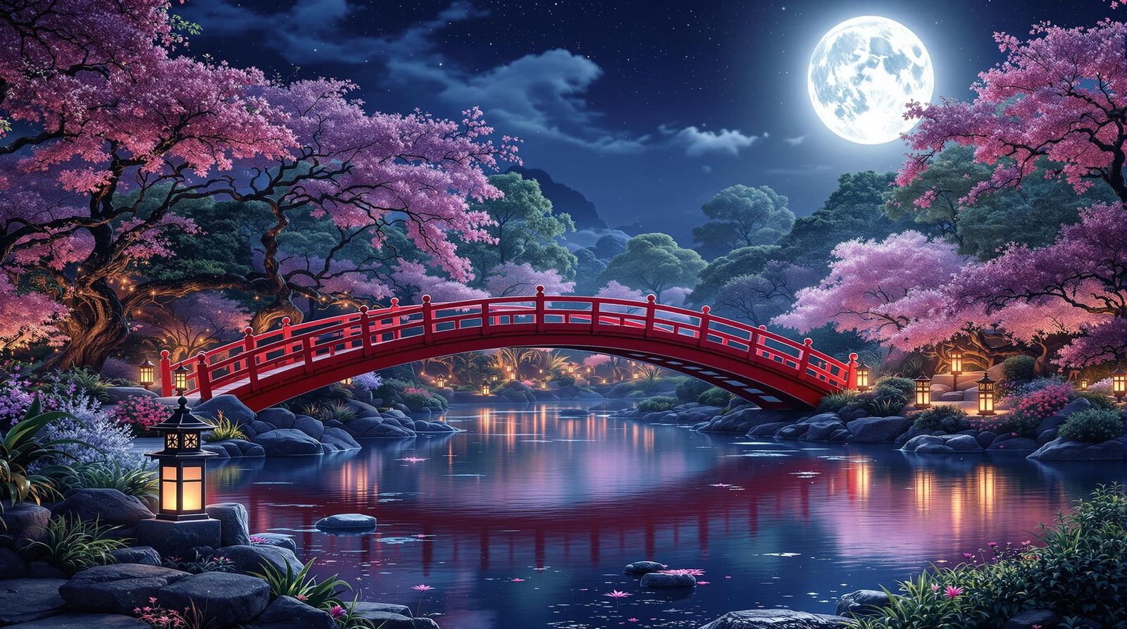 Moonlit garden with a bridge