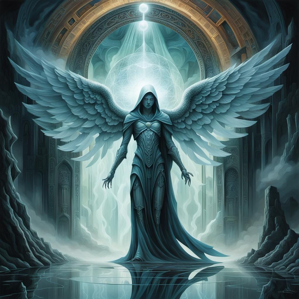 An angel entering a magical portal to an alien world