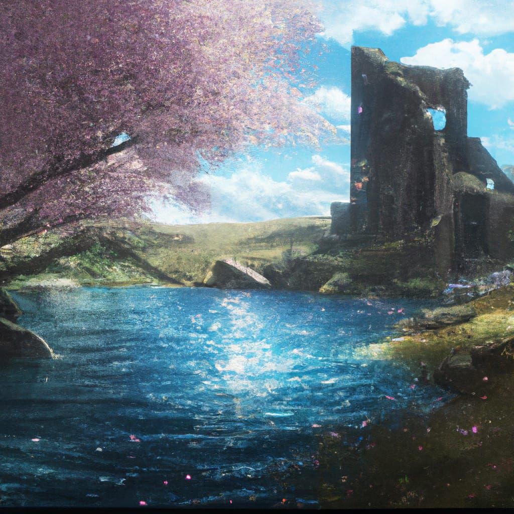Ruins and a lake surrounded with cherry blossom