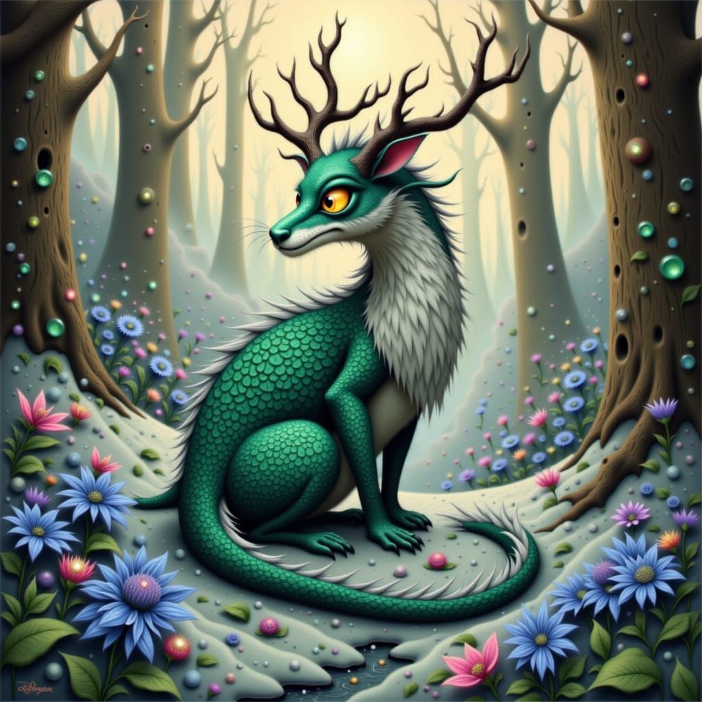 Majestic blue-grey and white dragon-cat hybrid with iridescent green scales that shimmer like polished jade, and plush, soft fur that gradat...