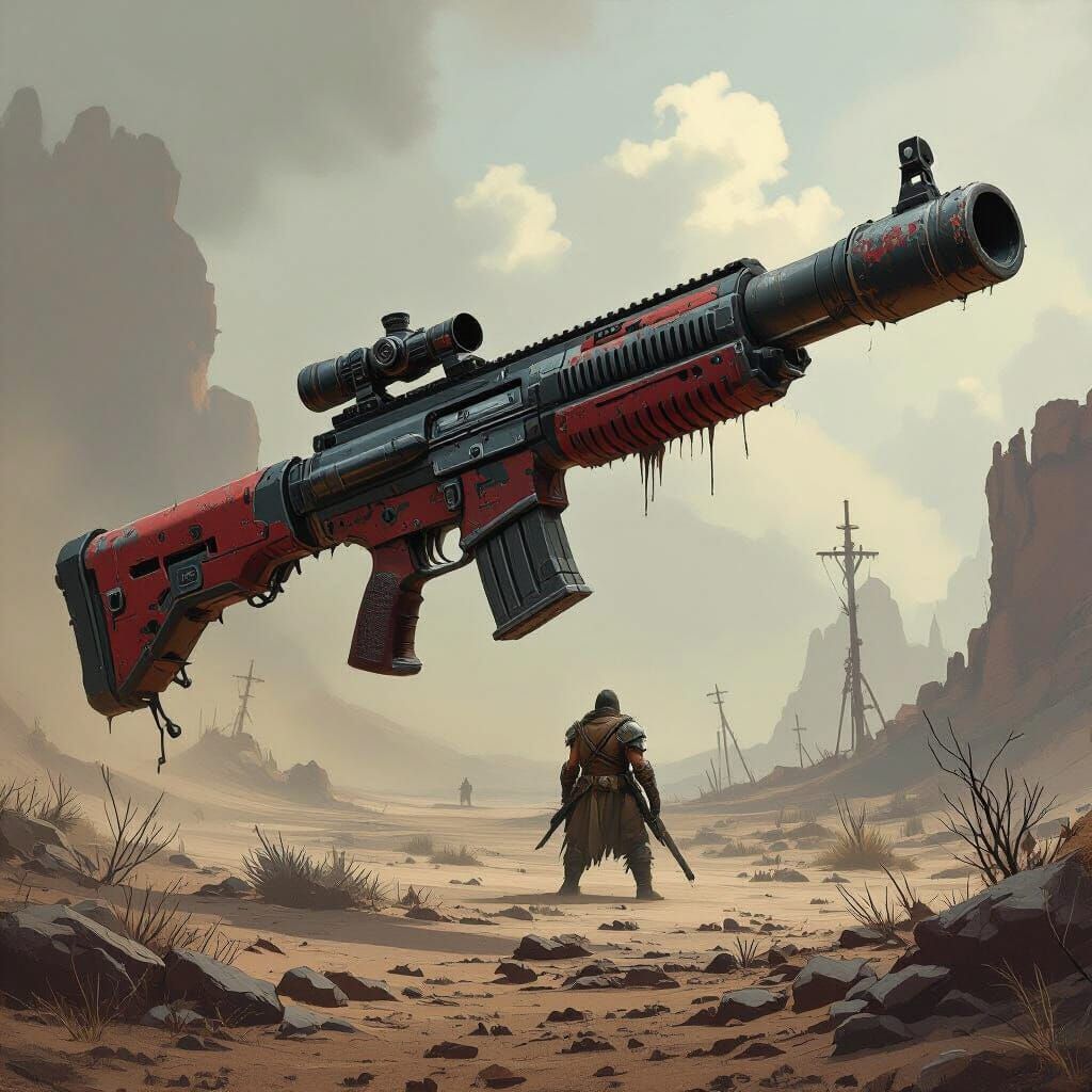 Side view of a long plasma rifle inspired by those seen in the PC game Fallout 2. Rendered in a style reminiscent of Frank Frazetta and Greg...