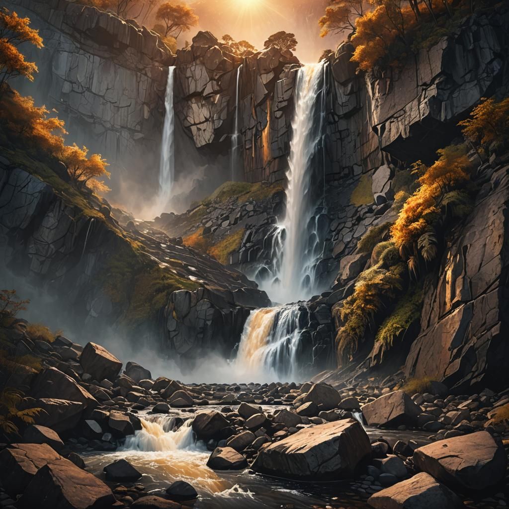 Waterfall Cascading Down Rocky Terrain in Digital Art