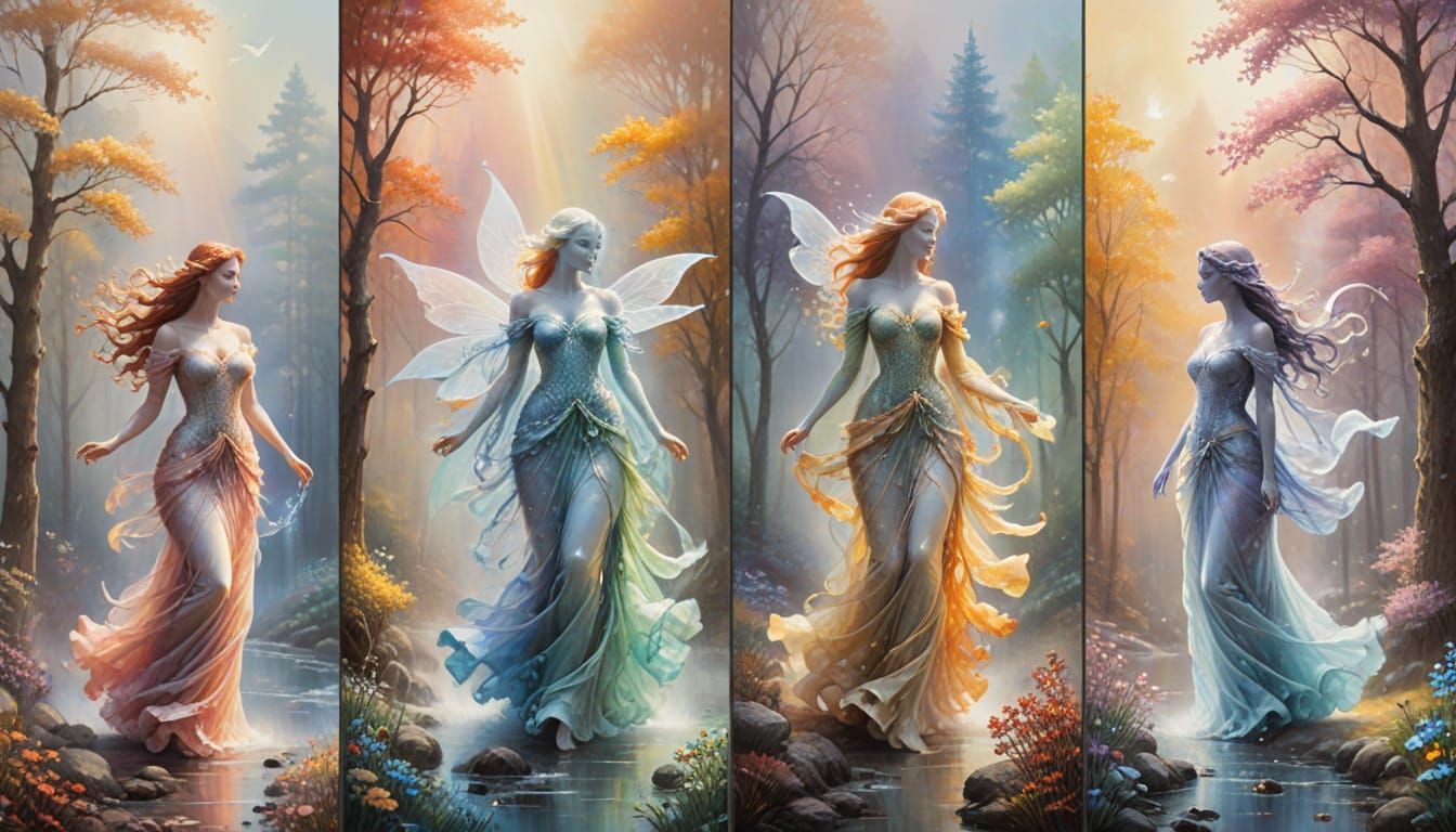 stunning, vertically-stacked triptych blending surrealism with the sublime, featuring four distinct elemental men and women, containing Spri...