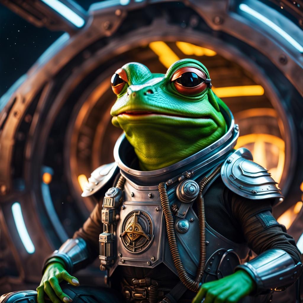 Pepe Kek the frog god 🐸 dressed in space armour in a futuristic pirate ...