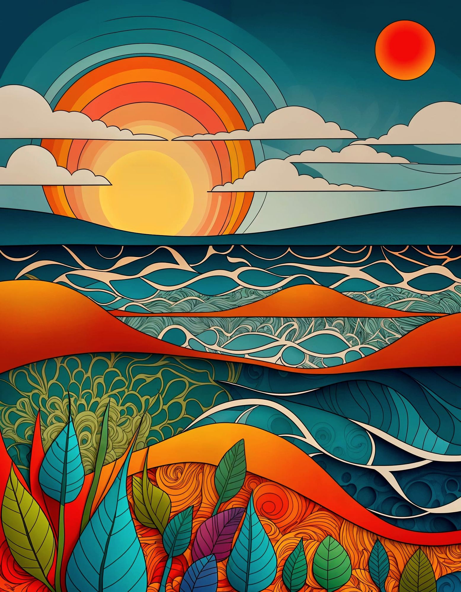 Whimsical simplified sketch doodle art of sunrise over the oceanside, …