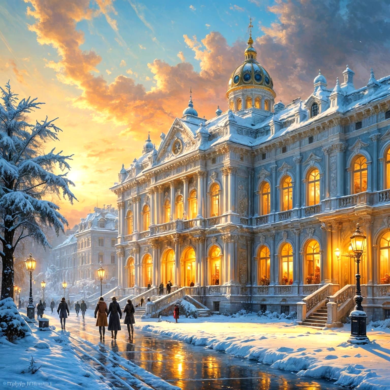 Winter Palace in St Petersburgh, in opulent winter setting, in style of William Turner, Pino Daeni, Dmitry ...  by @MrKitWalker