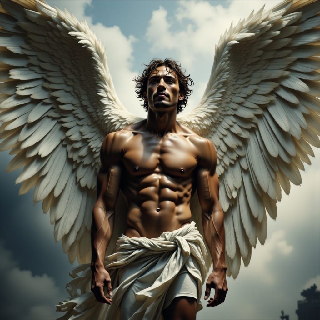 Stunning, magnificent masculine angel, huge wings, hdr, cinematic masterpiece <lora:Brushed Charcoal Fl:1.0> 