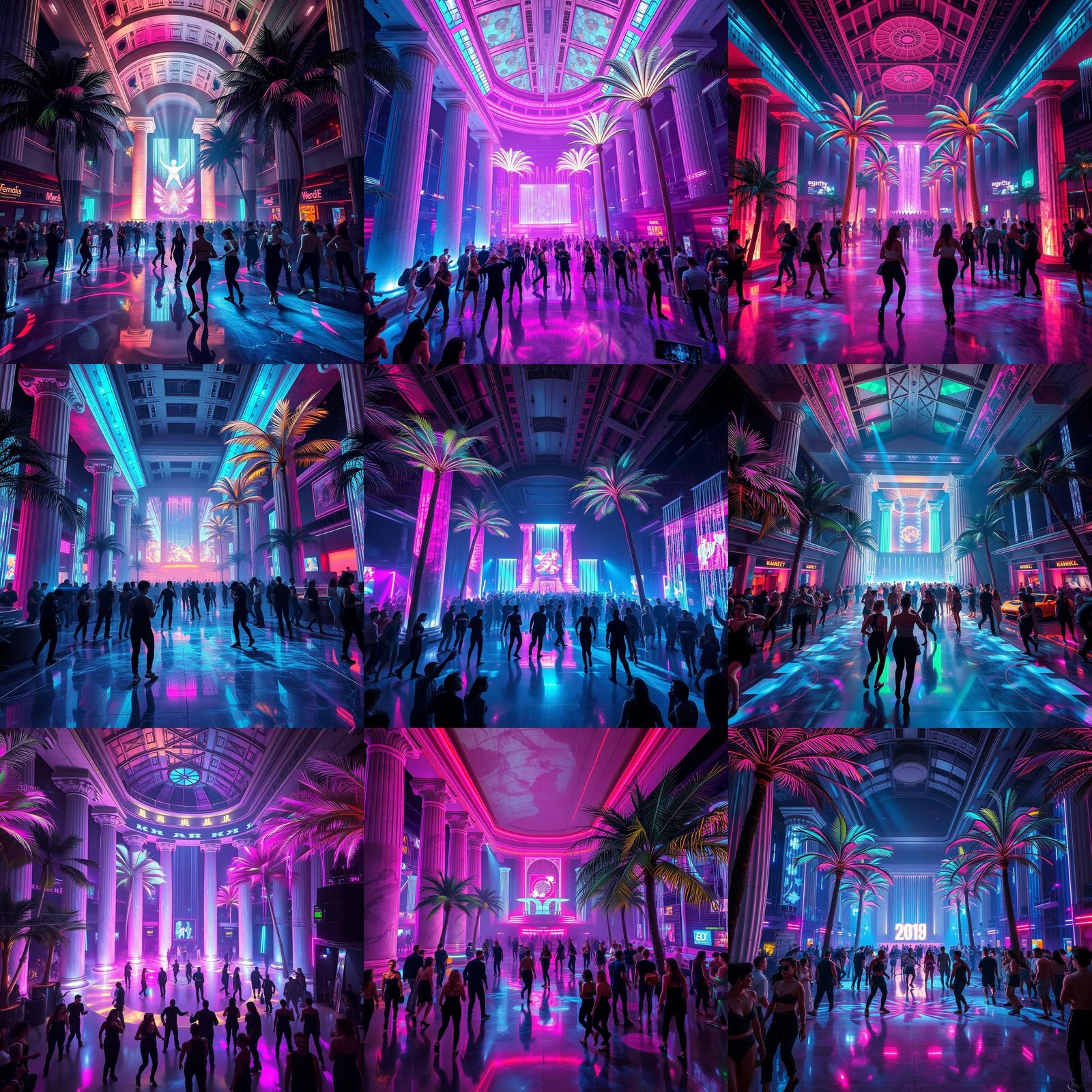 A crowded, vast, cyberpunk with a high, vaulted ceiling, set