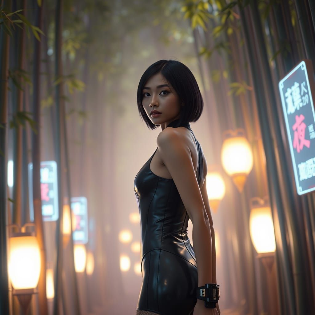 Futuristic Thai Woman in Bamboo Forest