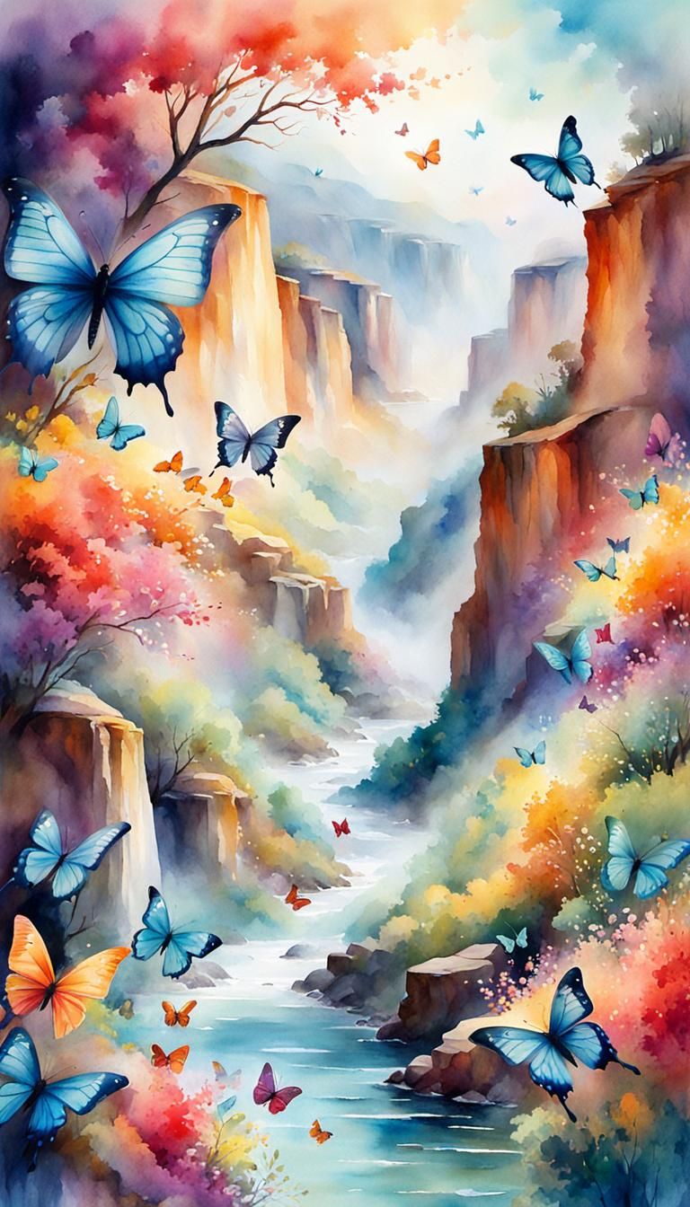 Colorful Butterflies Dance in Canyon: Watercolor Painting