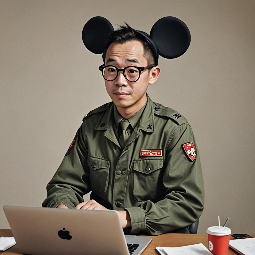 Tian Fan wearing thick glasses and mickey mouse ears on his ...