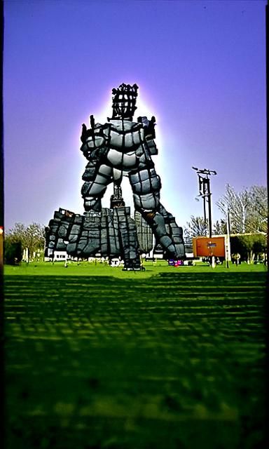 Colossal statue of a giant built from old CRT screens