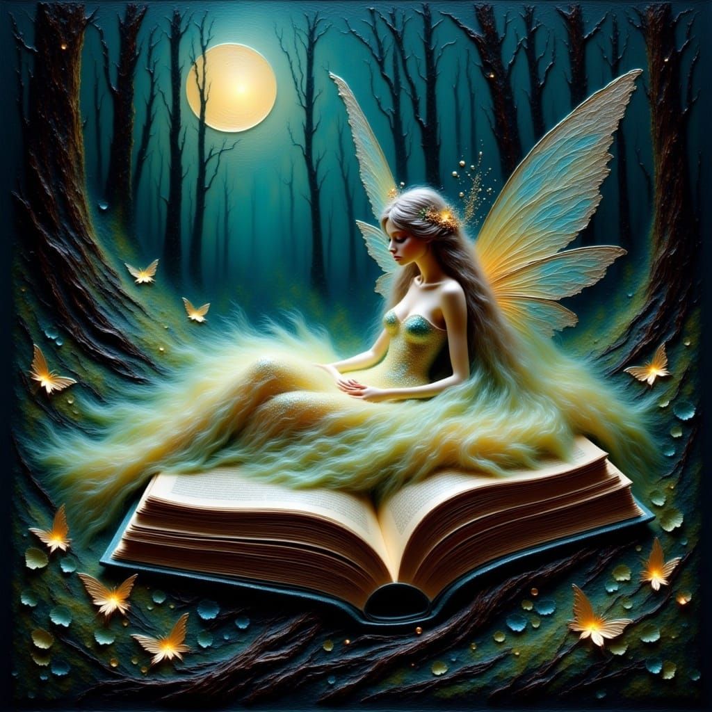 Gaussian electromagnetism Impasto, a sleeping fairy laying down on the cover of a magic book  in the misty forest, dense brush strokes, glit...