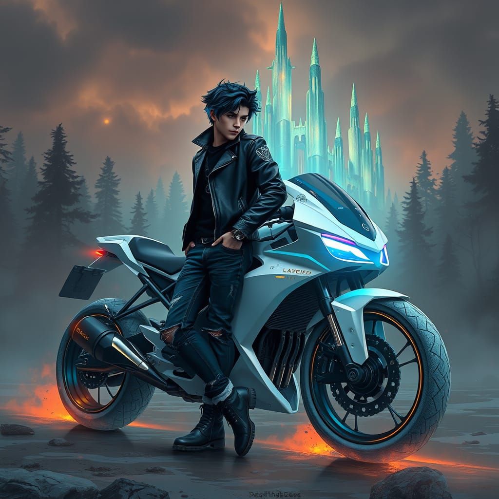 Futuristic Hoverbike Rider in Iridescent Forest