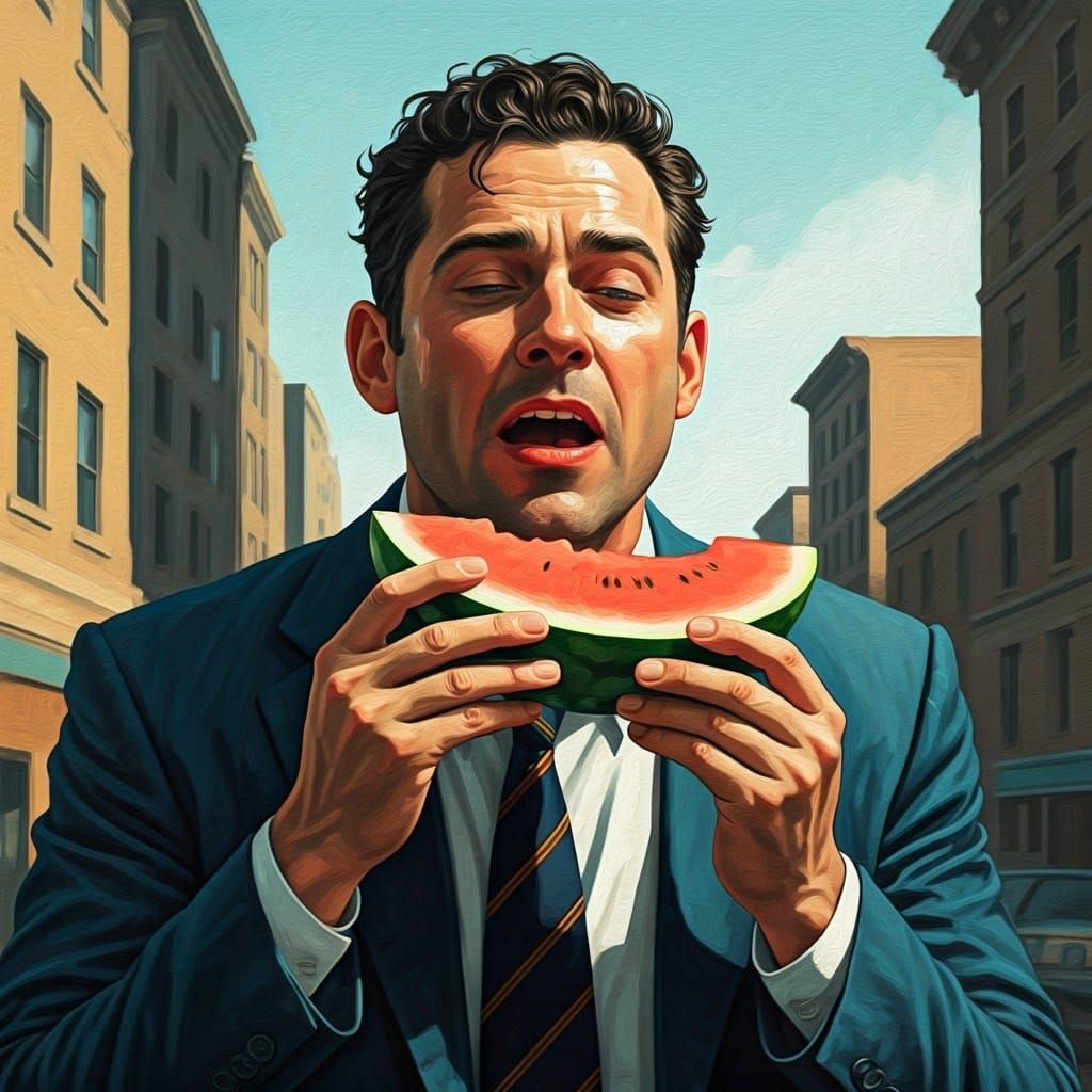 Man in Suit Eating Watermelon, Expressive Brushstrokes