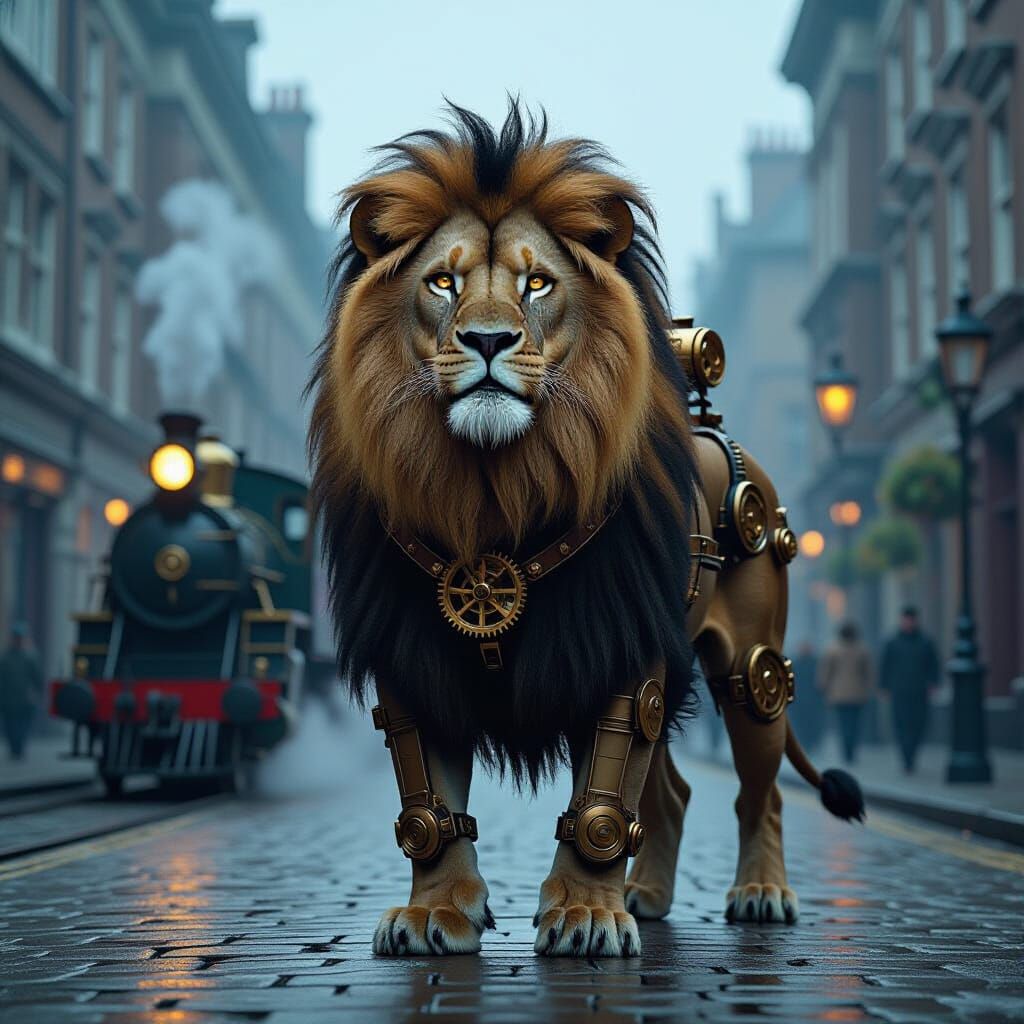 A majestic lion with intricate clockwork gears embedded in its mane and body, standing proudly in a Victorian-era London street, shrouded in...