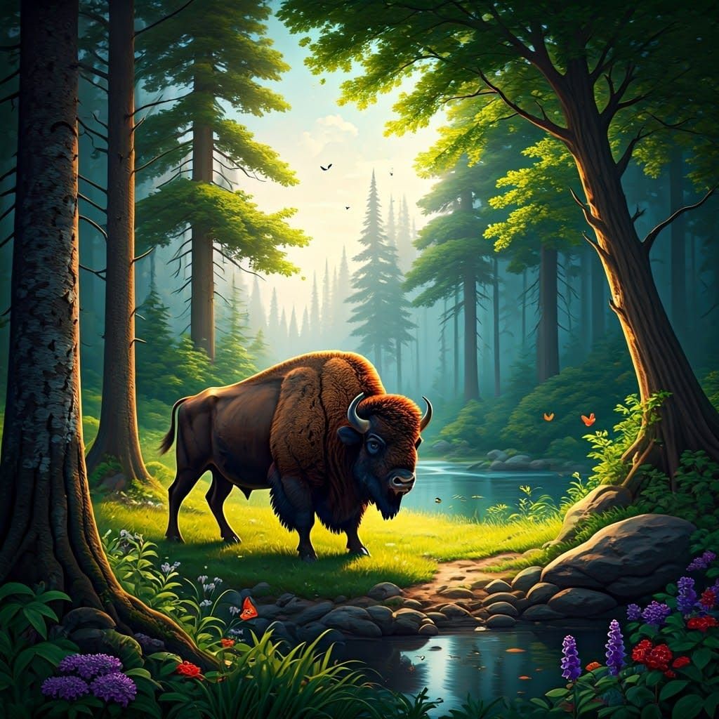 Majestic Bison in a Lush Forest Landscape with Wildflowers
