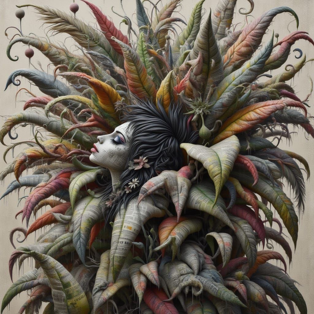 <lora:kak-karnivora:1.0>A wild red and green Autumn plant with long, twisted, thorny stems, lush, surreal with huge, large leaves, some of t...