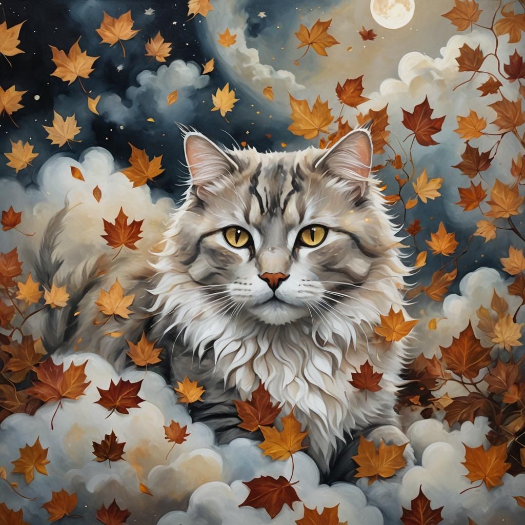 A cat made out of autumn leaves and flower petals only, on a...