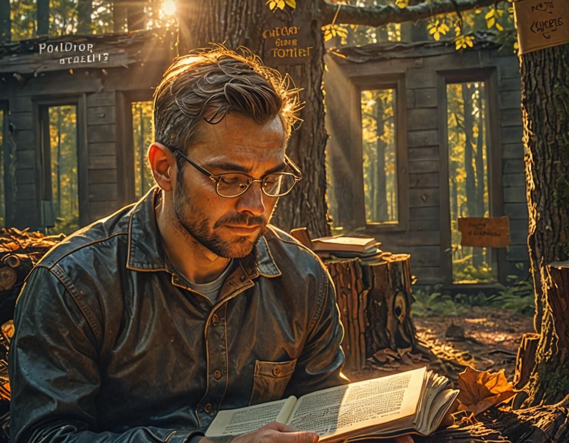 Man Reading Book in Forest: Hyper-Realistic Digital Art