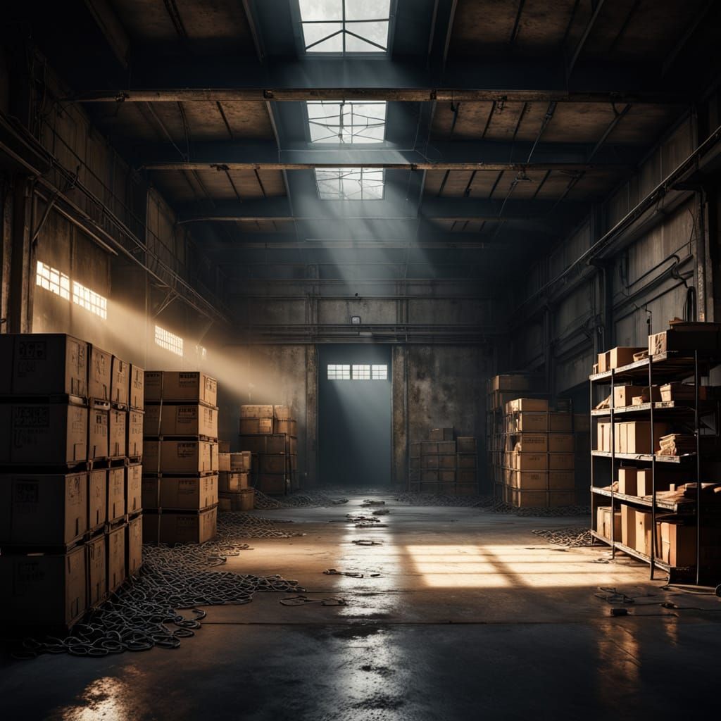 Abandoned Warehouse Concept Art with Dramatic Lighting