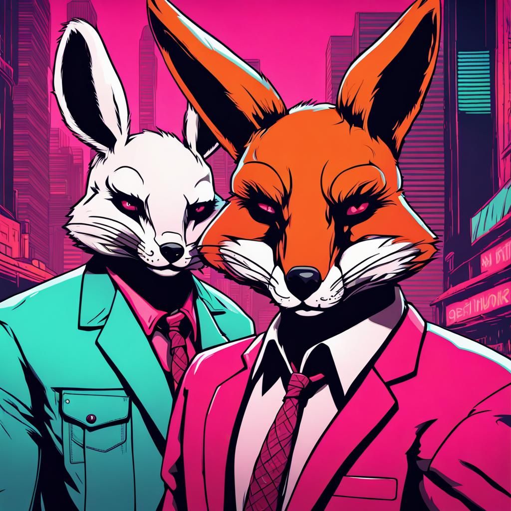 An anthropomorphic rabbit and anthropomorphic fox in the sty...