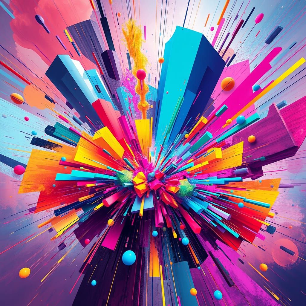 Vibrant Explosion of Abstract Shapes with Energetic Colors