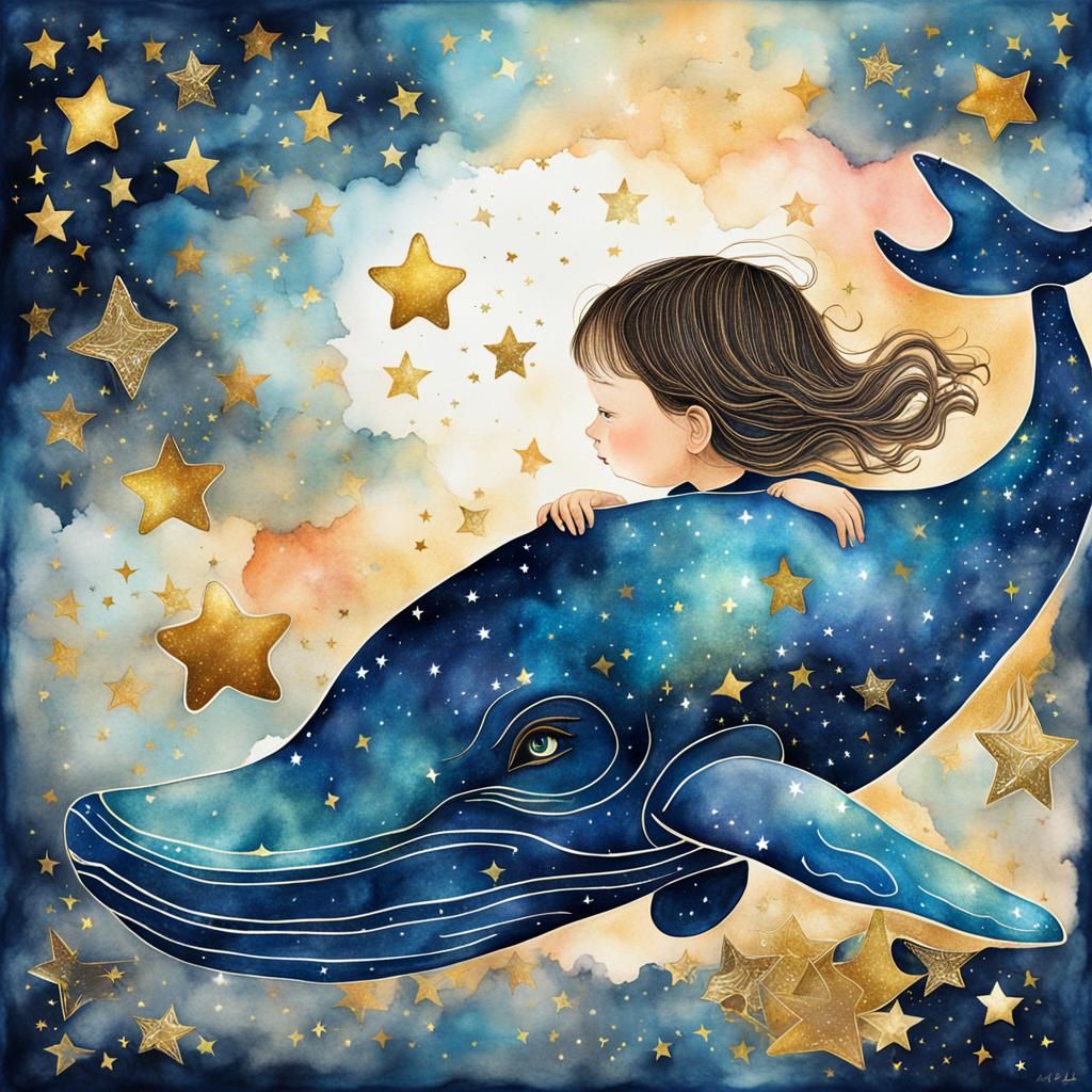 A little cute girl stretches hand to the night sky, stars in...