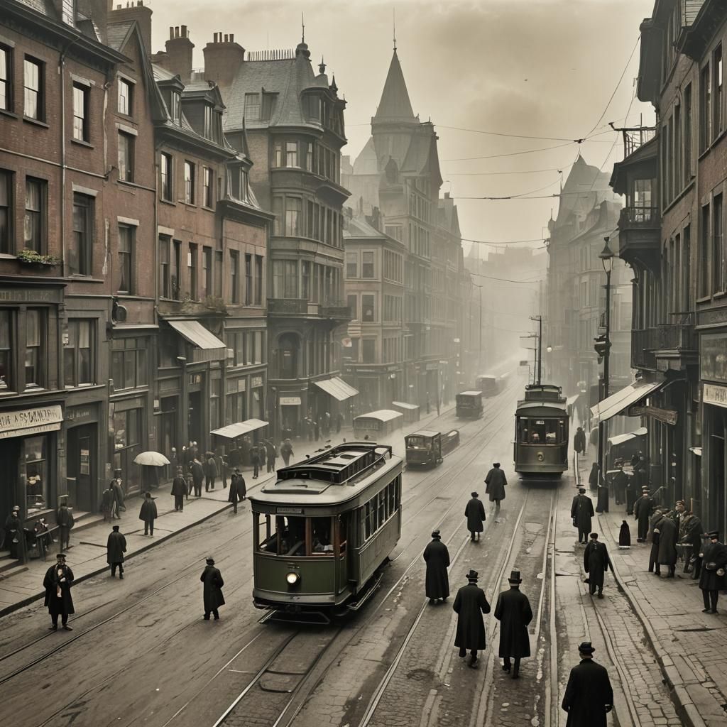 Late 1800s street view of a dirty city on an early autumn mi...