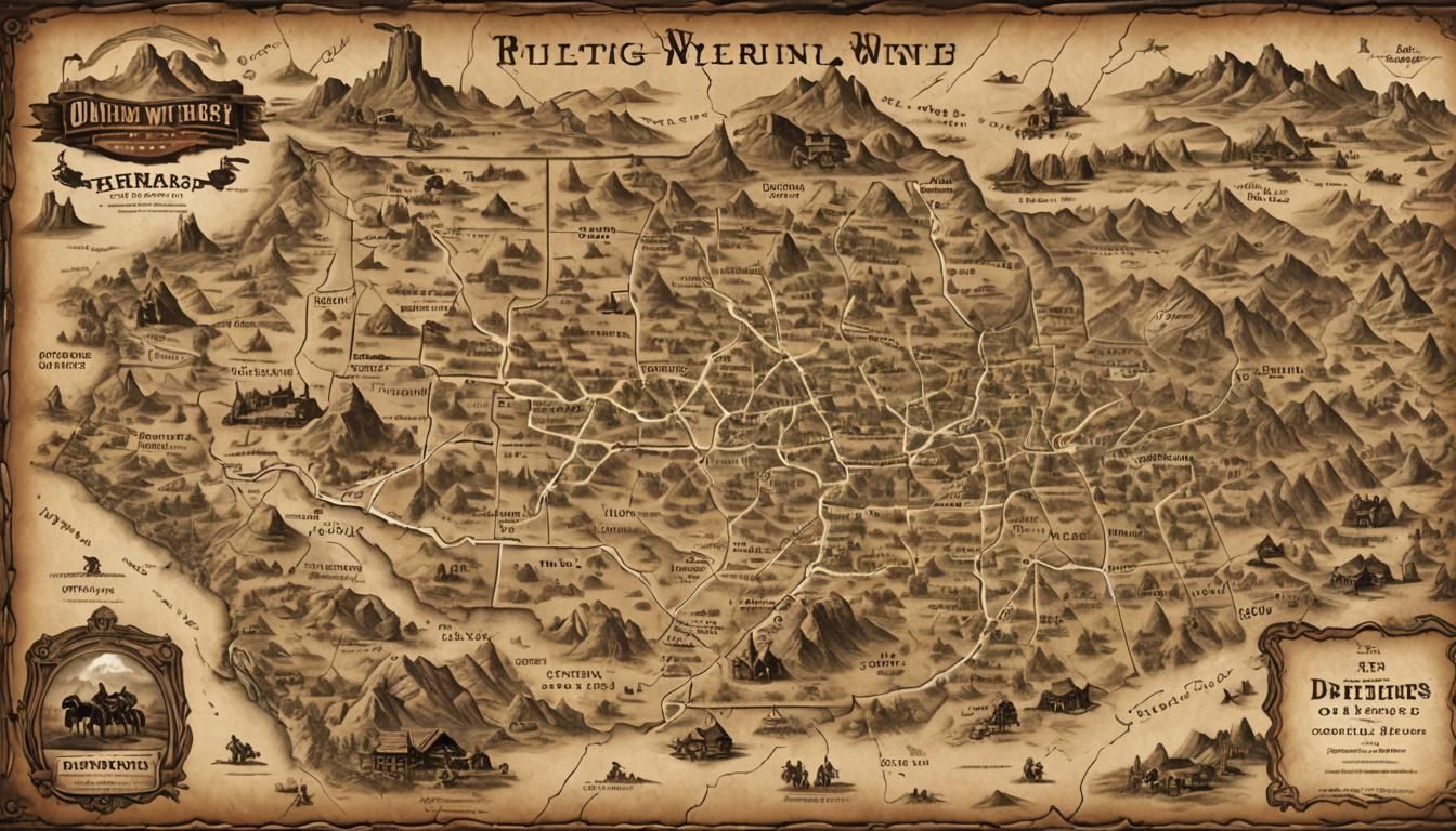 A wild west frontier map featuring dusty trails, frontier to...