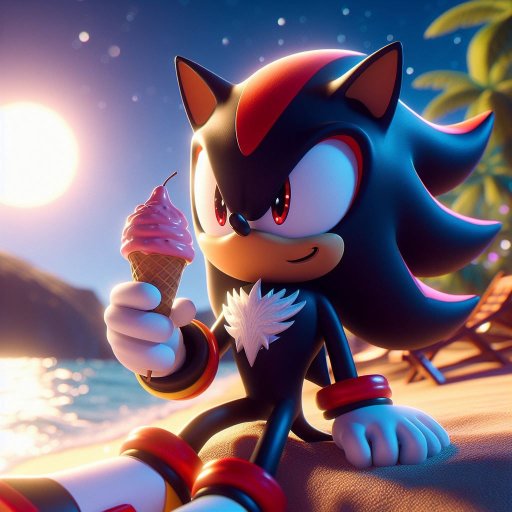 Shadow The Hedgehog eating ice cream at the beach