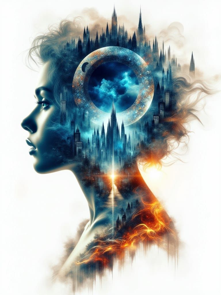 Double exposure of a woman's face in profile