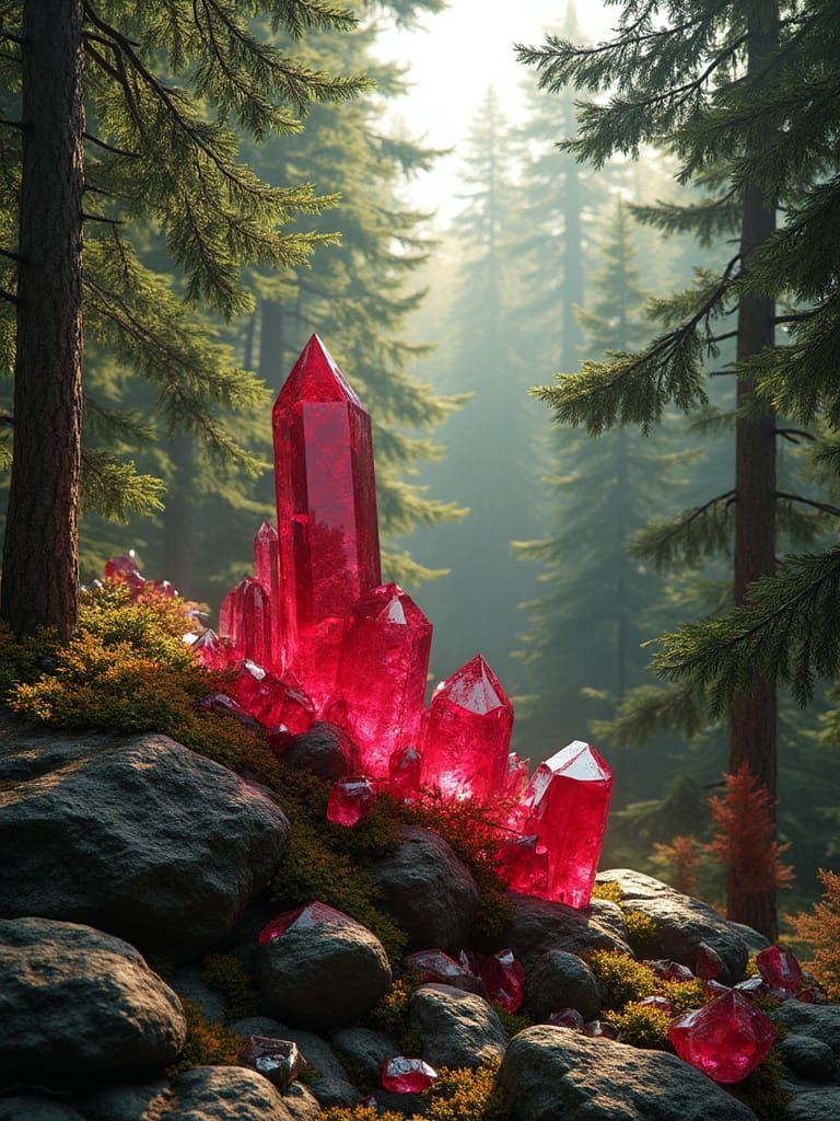wide shot of a green pine forest with a rock formation full of red geode and red crystal clear gems in the middle. sun light through the tre...
