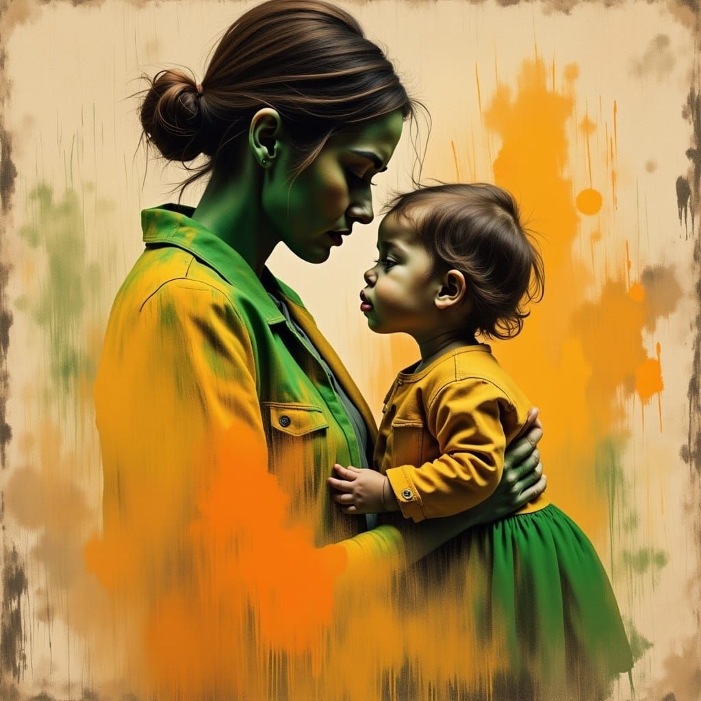 Mother  and infant moody, modern texturized, ombré, style of Cy Twombly  Ana Paula Hoppe Illusion woodsplash  double exposure steamy backgro...