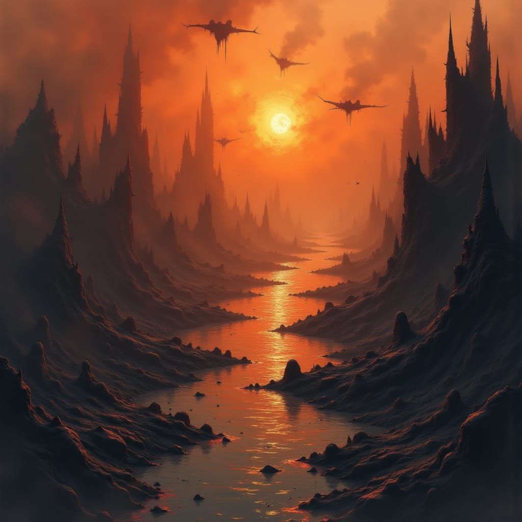 Drone view of a fantasy harbour full of boats. Beautiful landscape, sunset. <lora:Caffeine Grimoire:1.0> Chaotic Concept Art, Burnt Orange P...