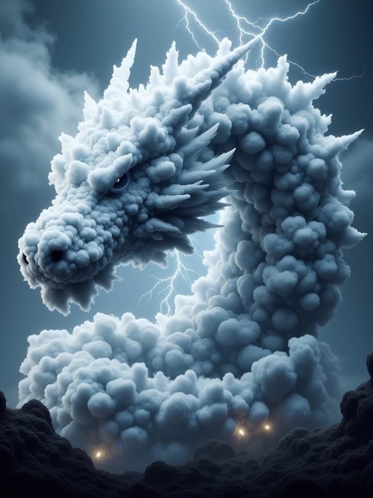 <lora:CloudFlux:1.0> colossal ferocious elder dragon made of lightning clouds, godlike serpentine dragon in the sky above metropolis, Armage...