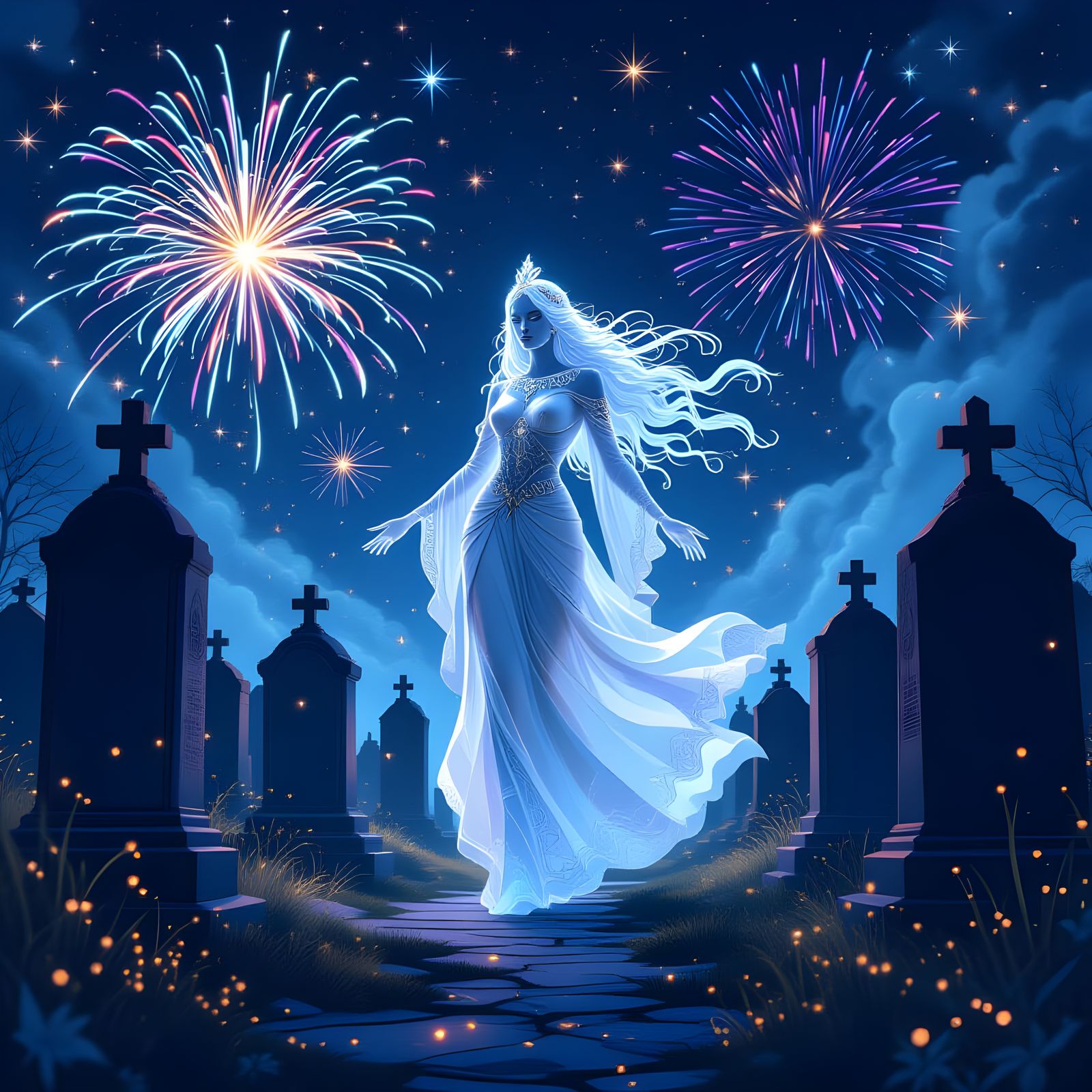 Ghostly Goddess of Time at New Year's Cemetery Celebration