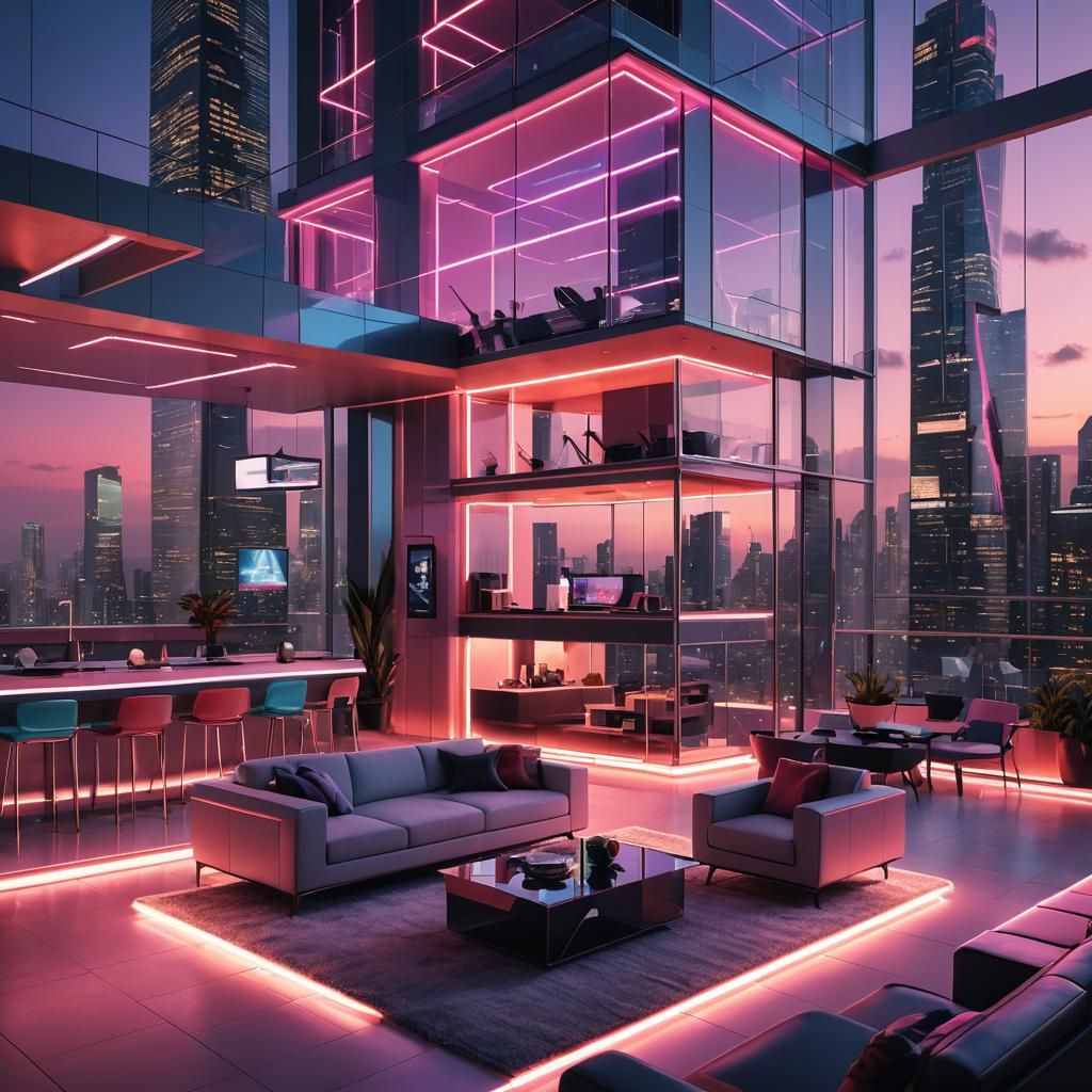 Futuristic High-Rise Living Room with City View