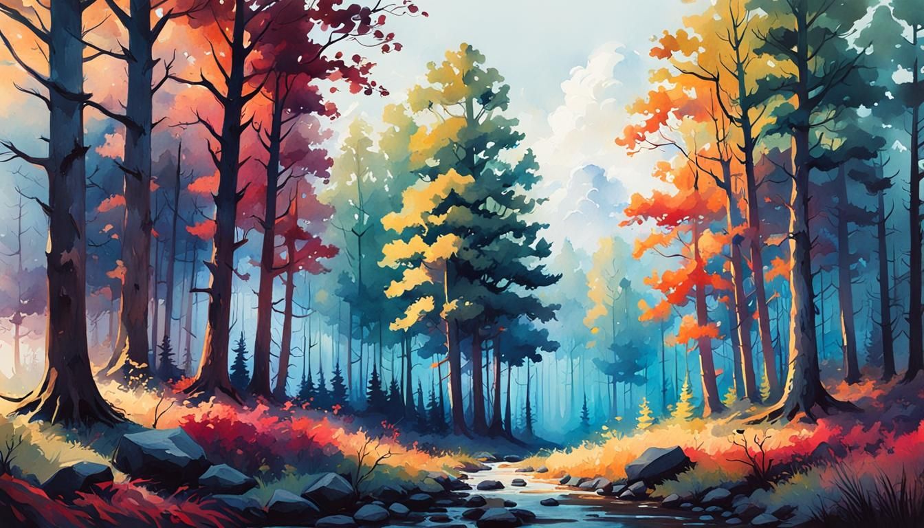 Vibrant Forest Watercolor Matte Painting