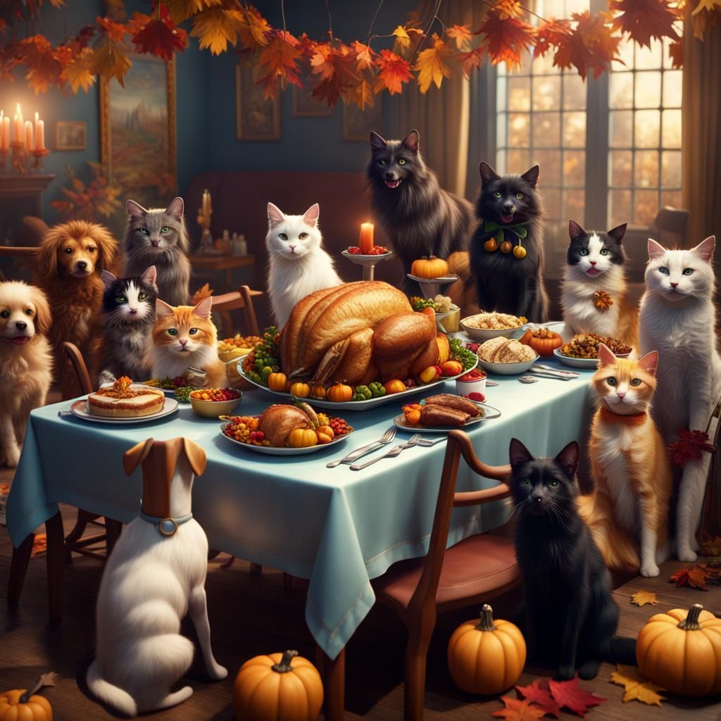 Cats And Dogs Having A Thanksgiving Party - Ai Generated Artwork 