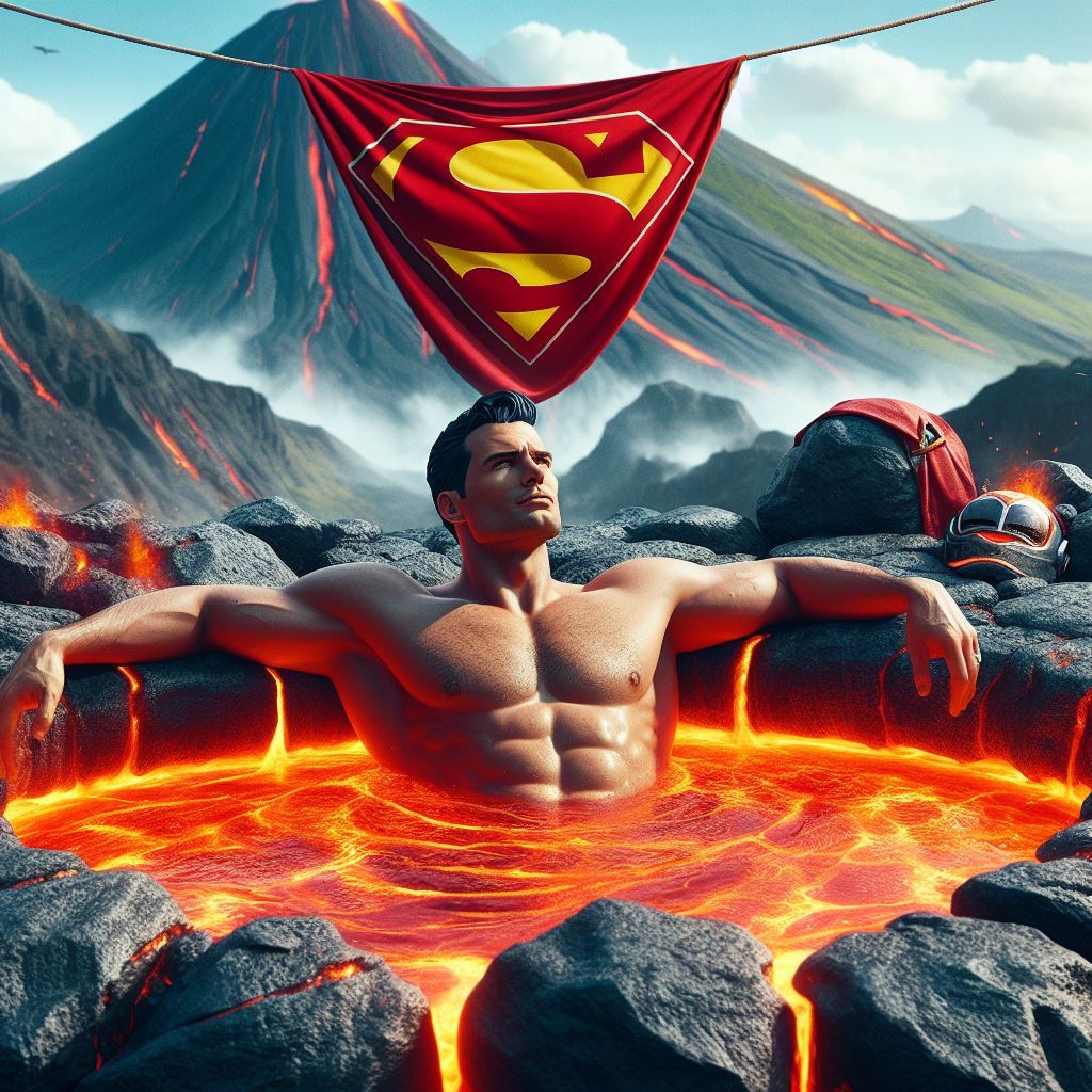 Superman relaxing in volcano lava jacuzzi