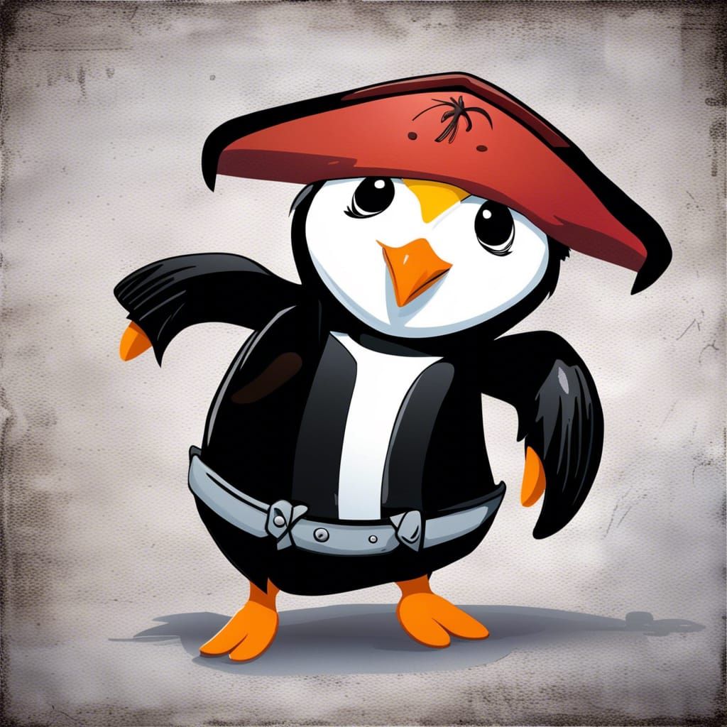 Pirate Penguin with an eyepatch and a wooden leg. On a pirate ship ...