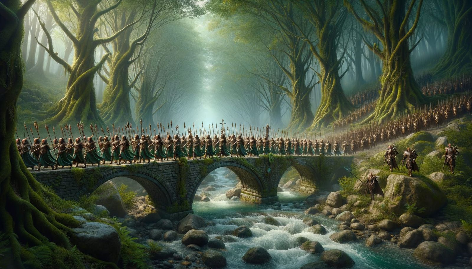 A view of a detailed and realistic fantasy elven army on the march ...