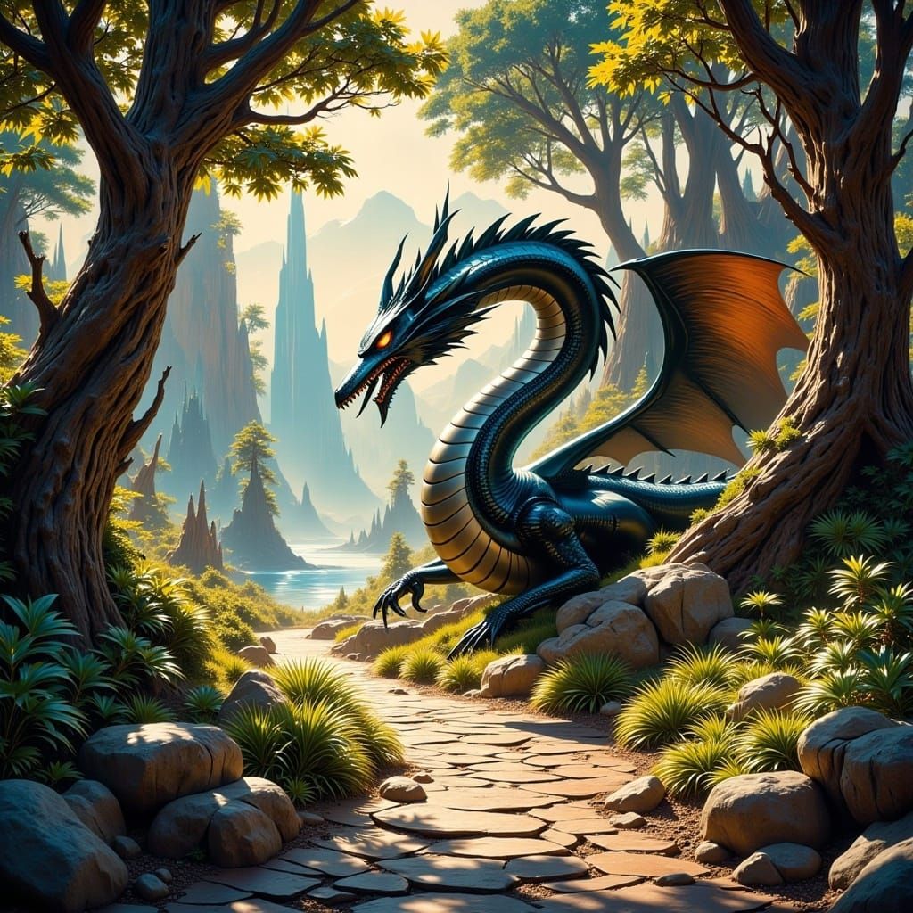  <lora:Retro Future Flux:1.0> A dragon resting on a forest path