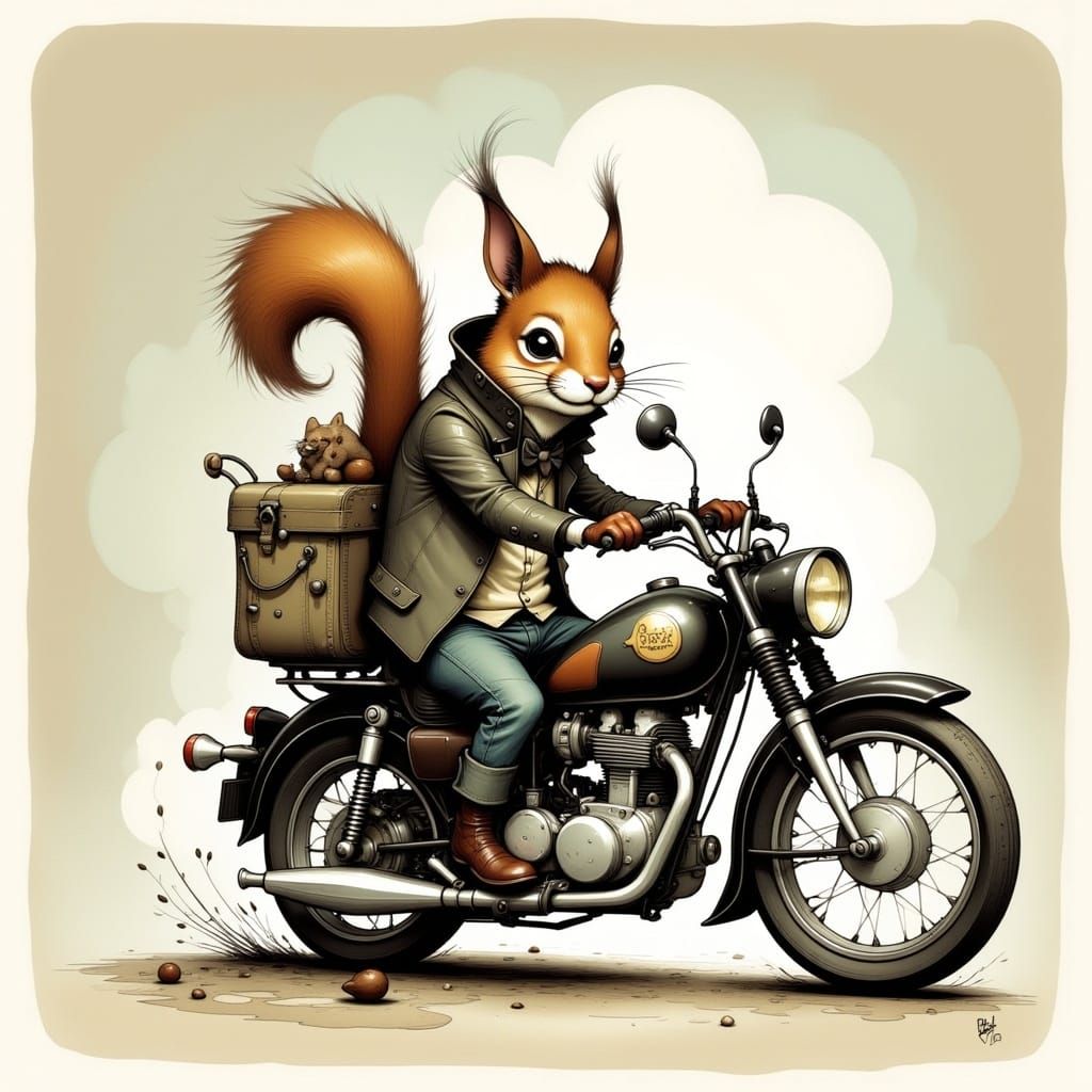 <lora:cuteNcreepy Flux:1.0>  A squirrel on a motorcycle, by Brian Kesinger 